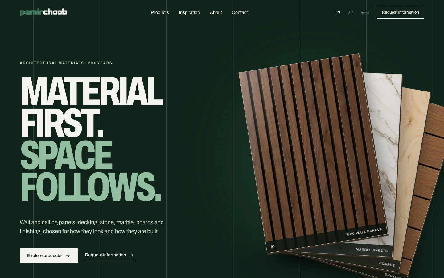 Pamirchoob: A rebrand and a three-language product catalogue we built for a materials house, fast on mid-range phones.